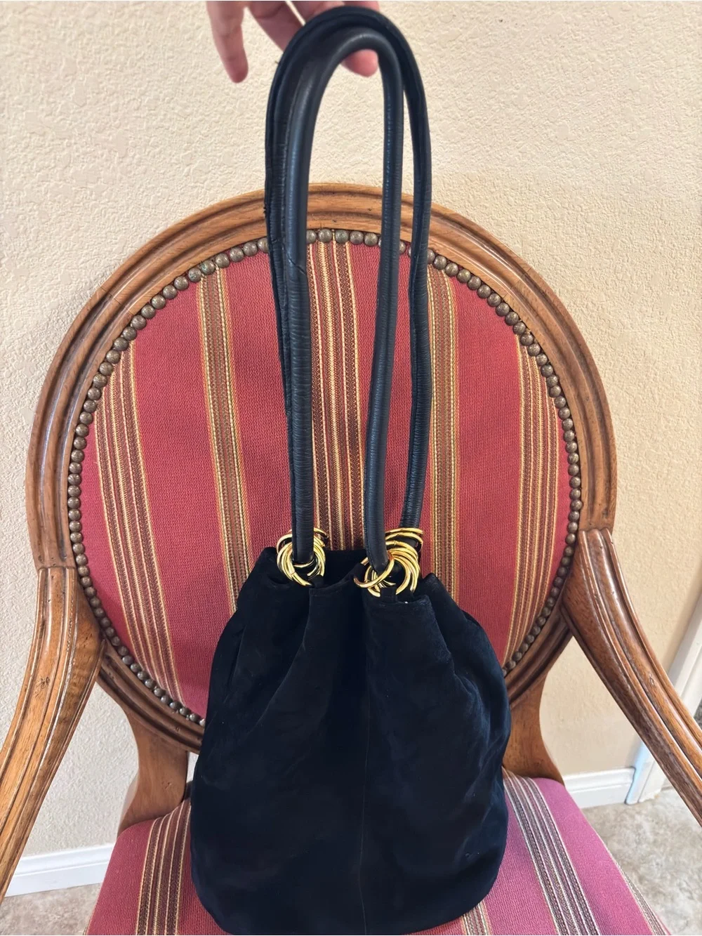 Saddle River Black Suede Leather Bucket Shoulder Bag Gold Hardware